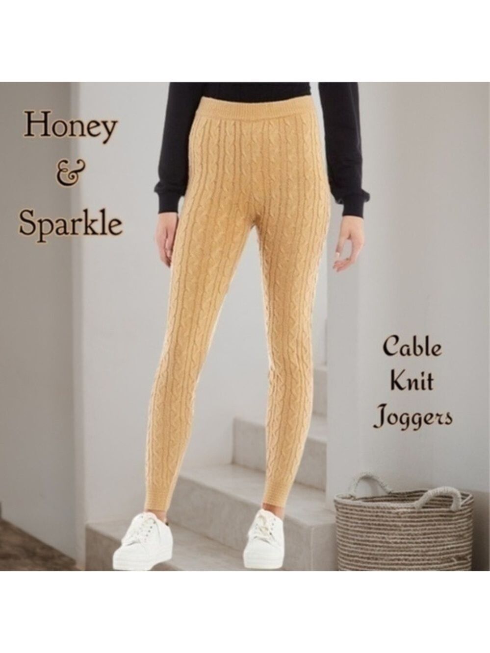 HONEY & SPARKLE High Rise Soft Cable Knit Fitted Rib Cuffed Jogger Pants-Camel